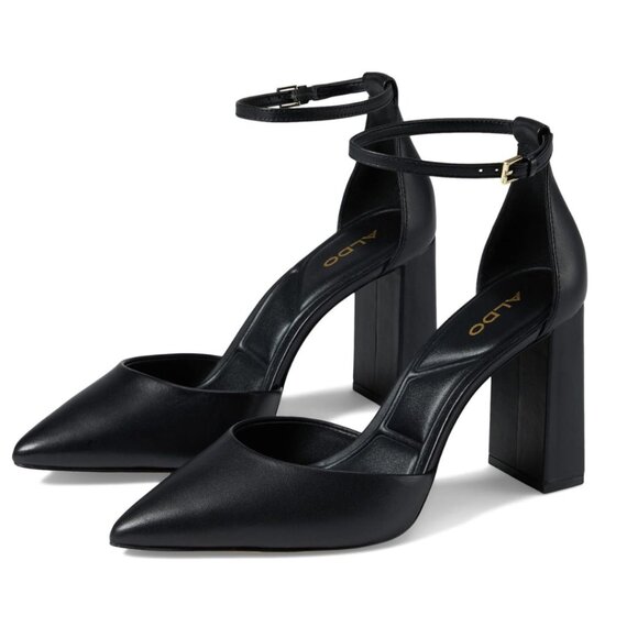 Aldo Womens Size 10 Black Leather D'Orsay Point Toe Block Heels Pumps Shoes - Picture 1 of 15